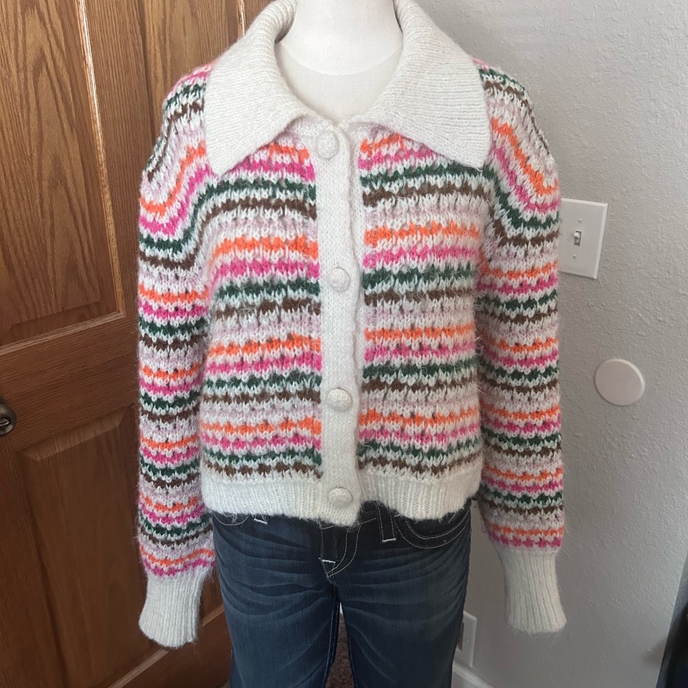 Zara Chunky Knit Rainbow Stripe Button Up Cardigan Sweater Peter Pan Collar Sz M